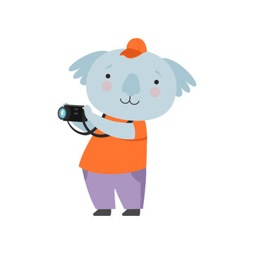 Cheerful tourist koala bear taking pictures with camera, cute animal cartoon character travelling on summer vacation vector Illustration on a white background