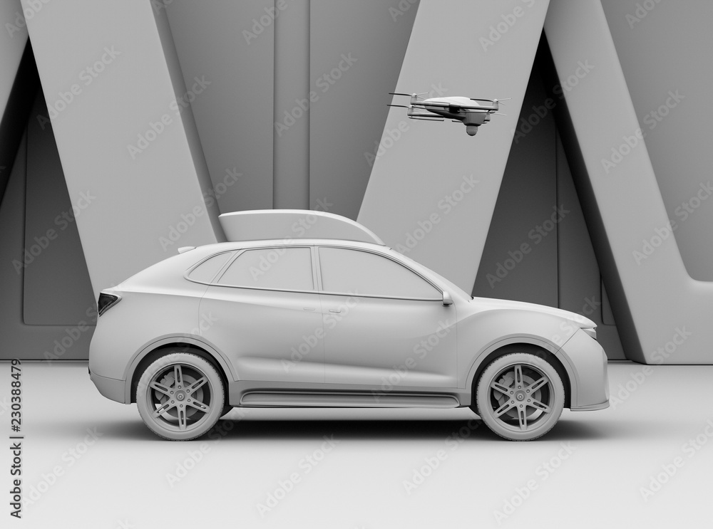 Poster clay rendering of electric suv released drone for leisure entertainment. 3d rendering image.