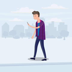 Teenager looking into smartphone on the go, background city, vector, illustration, cartoon style, isolated