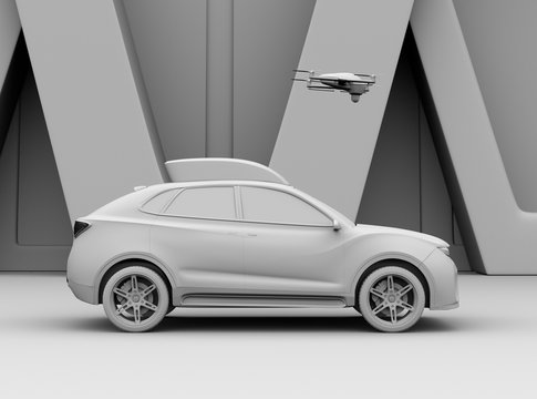 Clay rendering of electric SUV released drone for leisure entertainment. 3D rendering image.