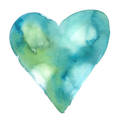 Simple abstract light green and turquoise blue heart painted in watercolor on clean white background - 230389050
