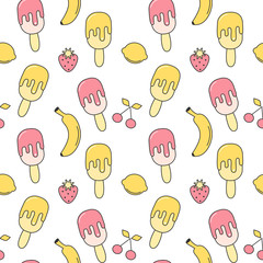 cute summer seamless vector pattern background illustration with ice cream, strawberry, lemon, cherry and banana