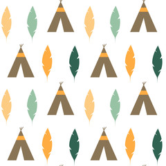 cute colorful feathers and teepee ethnic tribal seamless vector pattern background illustration © Alice Vacca