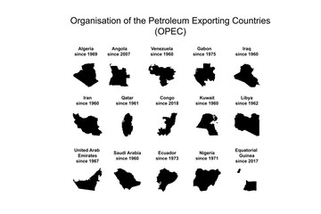 a set of contour silhouette maps of the OPEC countries with years of entry