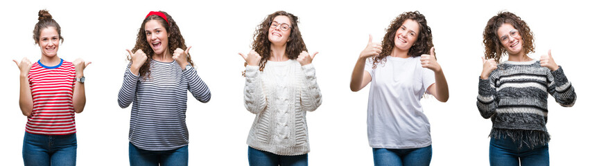 Collage of young brunette curly hair girl over isolated background success sign doing positive gesture with hand, thumbs up smiling and happy. Looking at the camera with cheerful expression