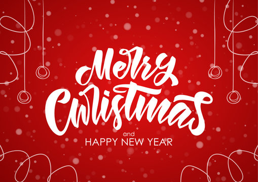 Merry Christmas and Happy New Year. Handwritten lettering with hand drawn decoration on red snowflake background.