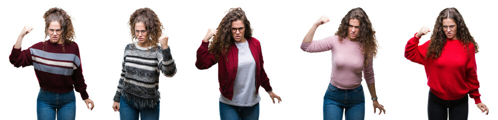 Collage of young brunette curly hair girl over isolated background angry and mad raising fist frustrated and furious while shouting with anger. Rage and aggressive concept.