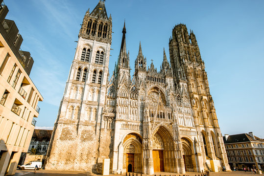 View from below on the facade of the famous Rouen gothic cathedral in Rouen city, the capital of Normandy region in France