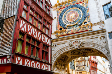 Close-up view of the Great-clock, famous astronomical clock in Rouen, the capital of Normandy region