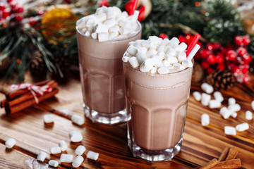 Homemade two Cocoa glasses with Marshmallows. Hot winter drink on wooden Backdrop decorated with cinamon sticks and fir branches