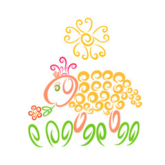 Obraz premium cute yellow sheep in a crown and with a flower