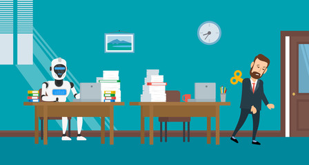 tired weak man go home from office  and robot humanoid working 