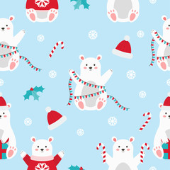 Seamless pattern cute cartoon Polar bear with Christmas elements : garland, holly, snowflakes and lollipop. Winter holiday. Vector illustration.