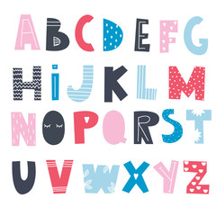 Scandinavian style alphabet. Hand drawn colored vector illustration. Every letter is isolated
