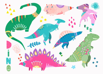 Hand drawn cute dinosaurs. Colored vector set. All elements are isolated