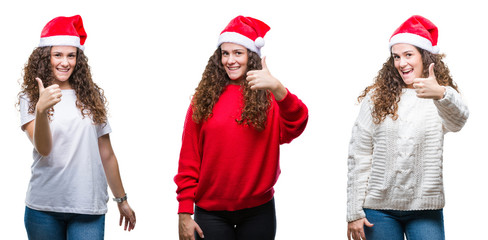 Collage of young brunette girl wearing christmas hat over isolated background doing happy thumbs up gesture with hand. Approving expression looking at the camera with showing success.