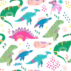 Hand drawn cute dinosaurs. Colored vector seamless pattern