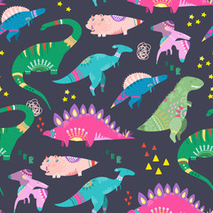 Hand drawn cute dinosaurs. Colored vector seamless pattern. Dark background © Dariia