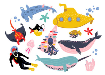 Underwater creatures and objects. Colored vector set. All elements are isolated