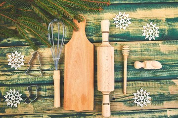 Christmas cooking or baking food background with kitchen utensils