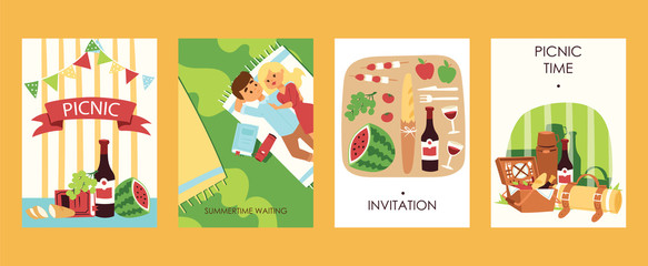Outdoor picnoc time invitation cards vector ilustration. Food, bootle of wine, watermalon, bread, tomatoes. Lovely couple has rest. Picnic accessories. Summertime waiting.
