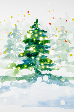 Watercolor Christmas illustration of tree with lights