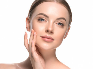 Beauty healthy skin closeup face woman natural makeup eyes and lips