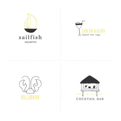 Set of vector hand drawn logo templates. Beach and sea theme.