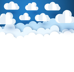 Blue background with white paper decorative clouds.