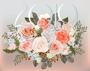Rose flowers with new year 2019 ,vector illustration