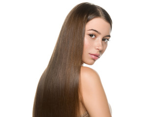 Fototapeta premium Smooth hair woman brunette with long hairstyle fly hair beauty