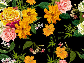 flower seamless pattern on black background