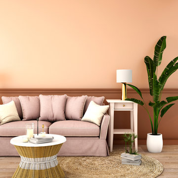 interior design for living area or reception with sofa,plant,sidetable,props on wood floor and pink in Scandinavian style background / 3d illustration,3d rendering