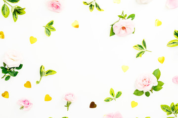 Valentines day composition with roses, leaves and golden confetti on white background. Flat lay, top view.