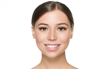 Obraz premium Beautiful woman face close up healthy skin and beauty lashes soft lips isolated on white