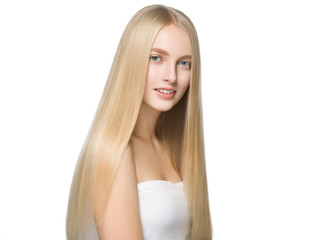 Blonde long hair woman with healthy long hairstyle beauty isolated on white