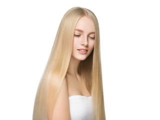 Blonde long hair woman with healthy long hairstyle beauty isolated on white