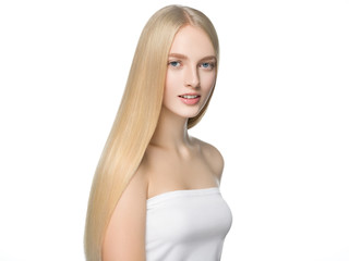 Blonde long hair woman with healthy long hairstyle beauty isolated on white