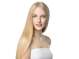 Blonde long hair woman with healthy long hairstyle beauty isolated on white