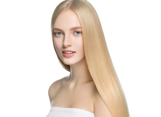 Blonde long hair woman with healthy long hairstyle beauty isolated on white