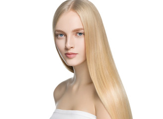 Blonde long hair woman with healthy long hairstyle beauty isolated on white