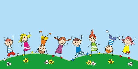 Happy kids on the meadow, funny vector icon