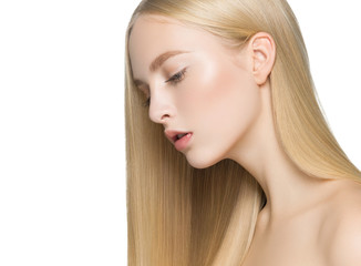 Blonde long hair woman with healthy long hairstyle beauty isolated on white