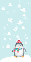 Merry christmas and a happy new year. Lovely postcard with a penguin in a hat.