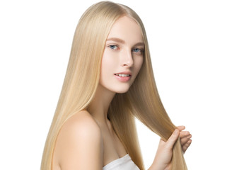 Blonde long hair woman with healthy long hairstyle beauty isolated on white