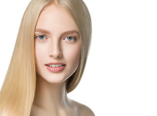Blonde long hair woman with healthy long hairstyle beauty isolated on white