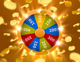 Wheel Of Fortune with falling coins. Gamble chance leisure. Colorful gambling wheel. Jackpot prize concept background. Vector Illustration