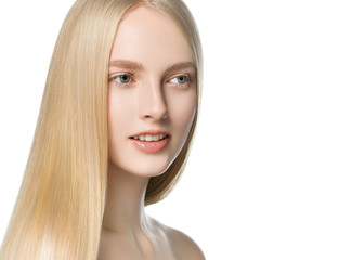 Blonde long hair woman with healthy long hairstyle beauty isolated on white