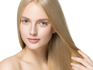 Blonde long hair woman with healthy long hairstyle beauty isolated on white