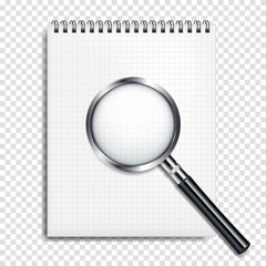 realistic transparent magnifying glass with notebook